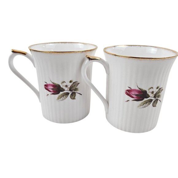 Set Of 2 Regal Heritage Bone China Mugs Pink Rose Floral Design Gold Trim - Picture 5 of 11